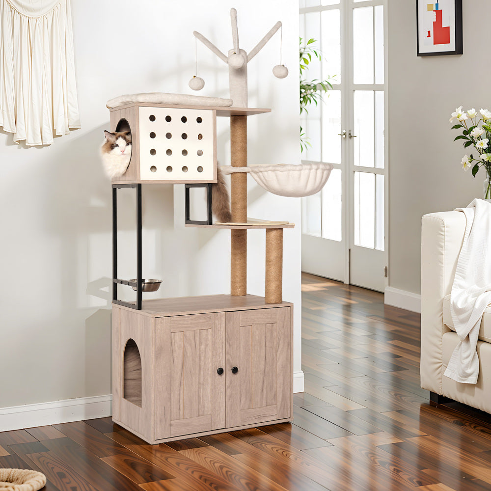 Cat Tree with Litter Box Enclosure - Modern Cat Condo with Scratching Posts, Feeding Bowl & Removable Pompom Sticks, Gray