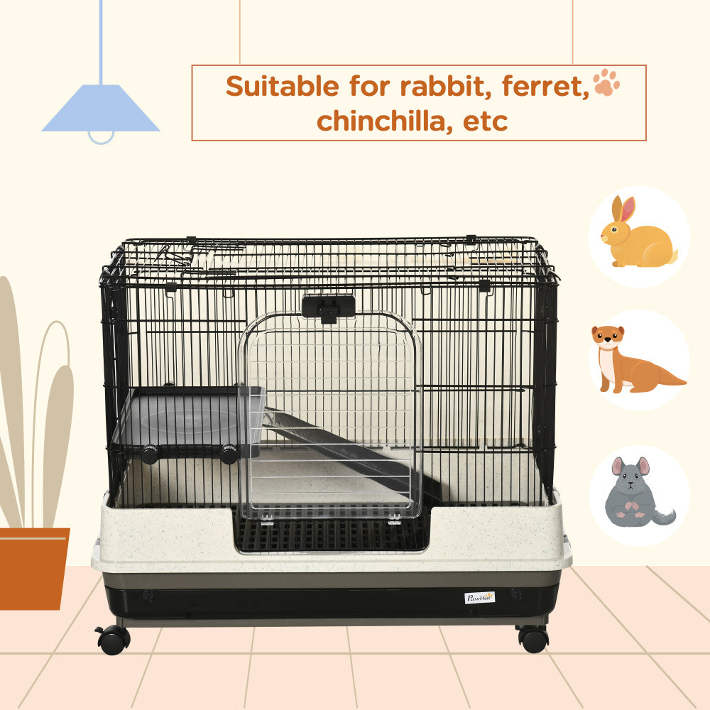 26" Small Animal Cage with Wheels, 2-Level Portable Bunny Cage, Chinchilla Ferret Cage with Removable Tray, Platform and Ramp