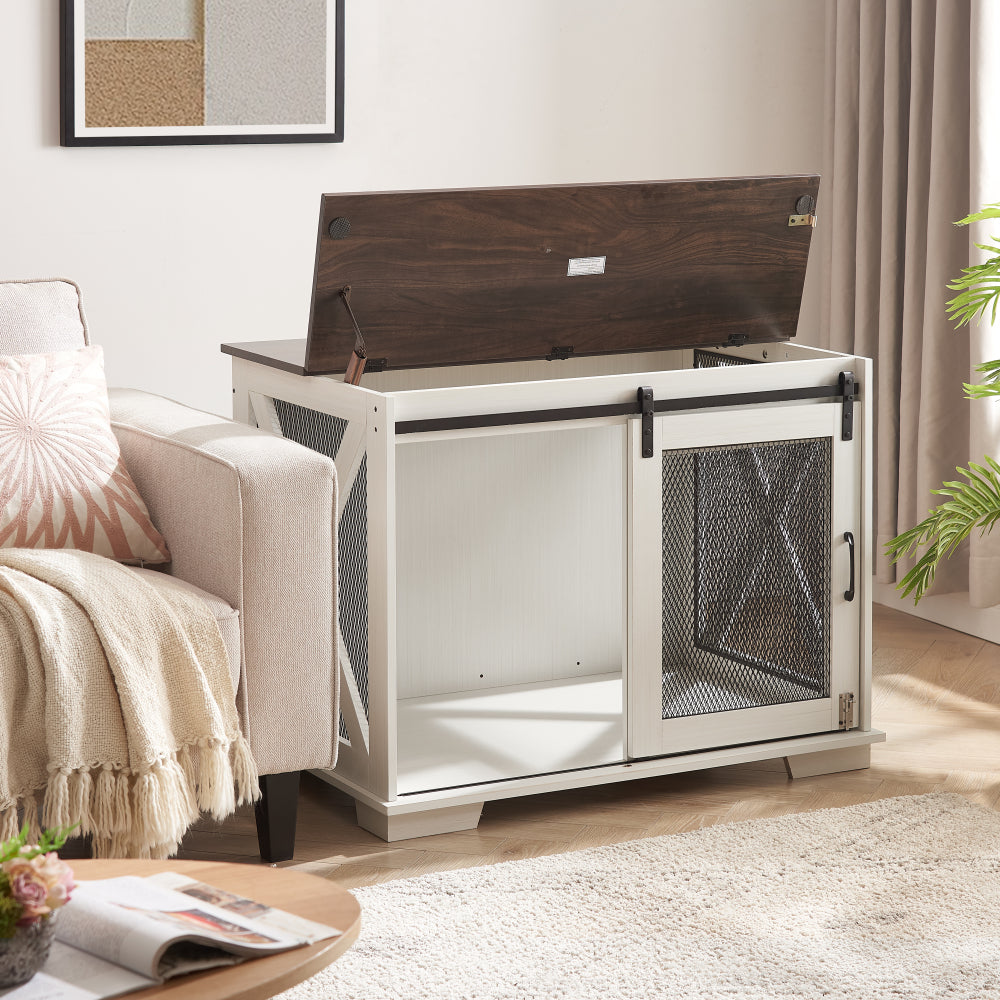 Farmhouse Dog Cage Crate Furniture with Sliding Barn Door,  Farmhouse Wooden Dog Kennel End Table with Flip-top Plate Dog House with Detachable Divider for Small/Medium/Large Dog Gray