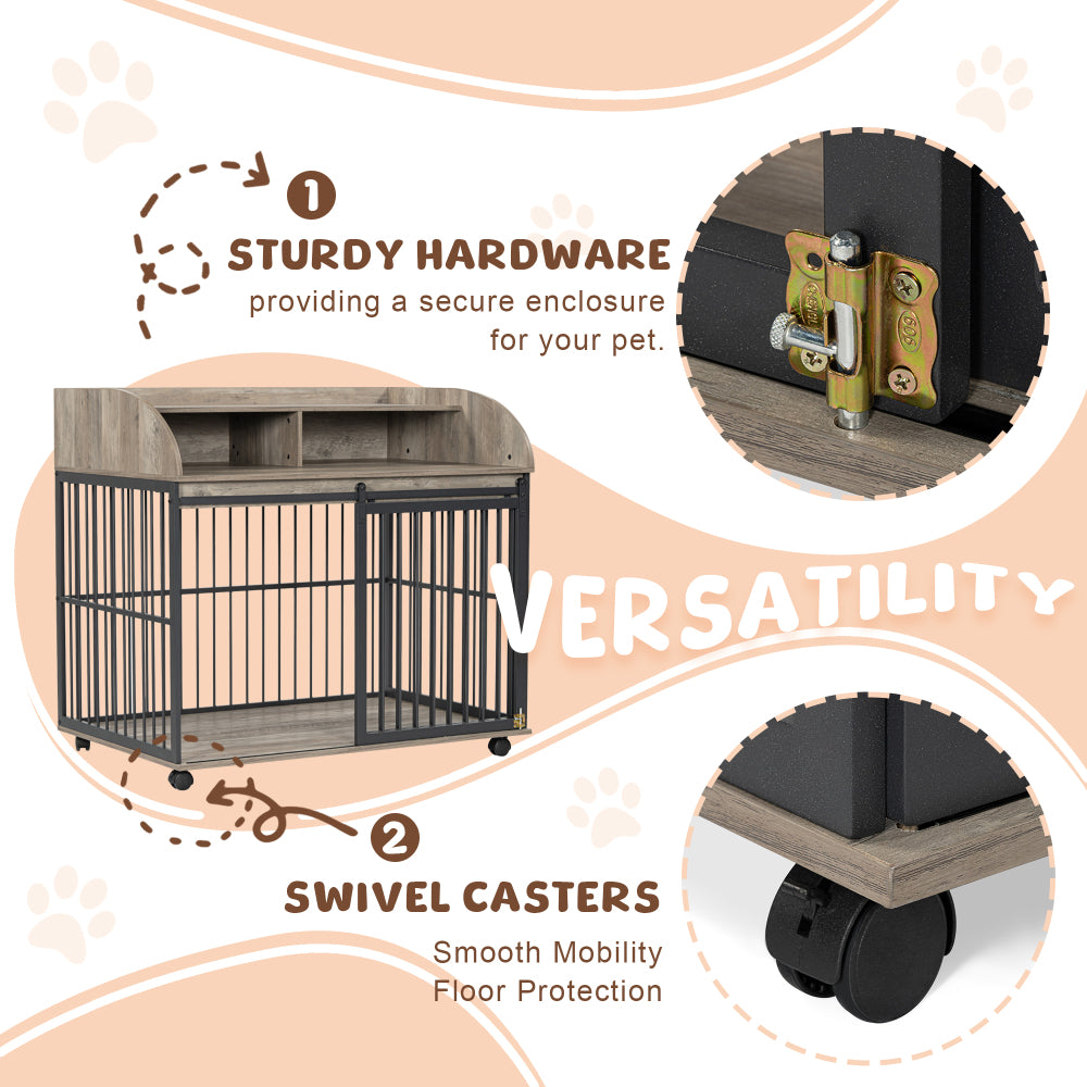 GO 44'' Heavy Duty Large Dog Crate Furniture for Large Medium Dog with Lockable Wheels, Wooden Dog Crate Dog Kennel, End Table Crate with Double layer storage, Brown