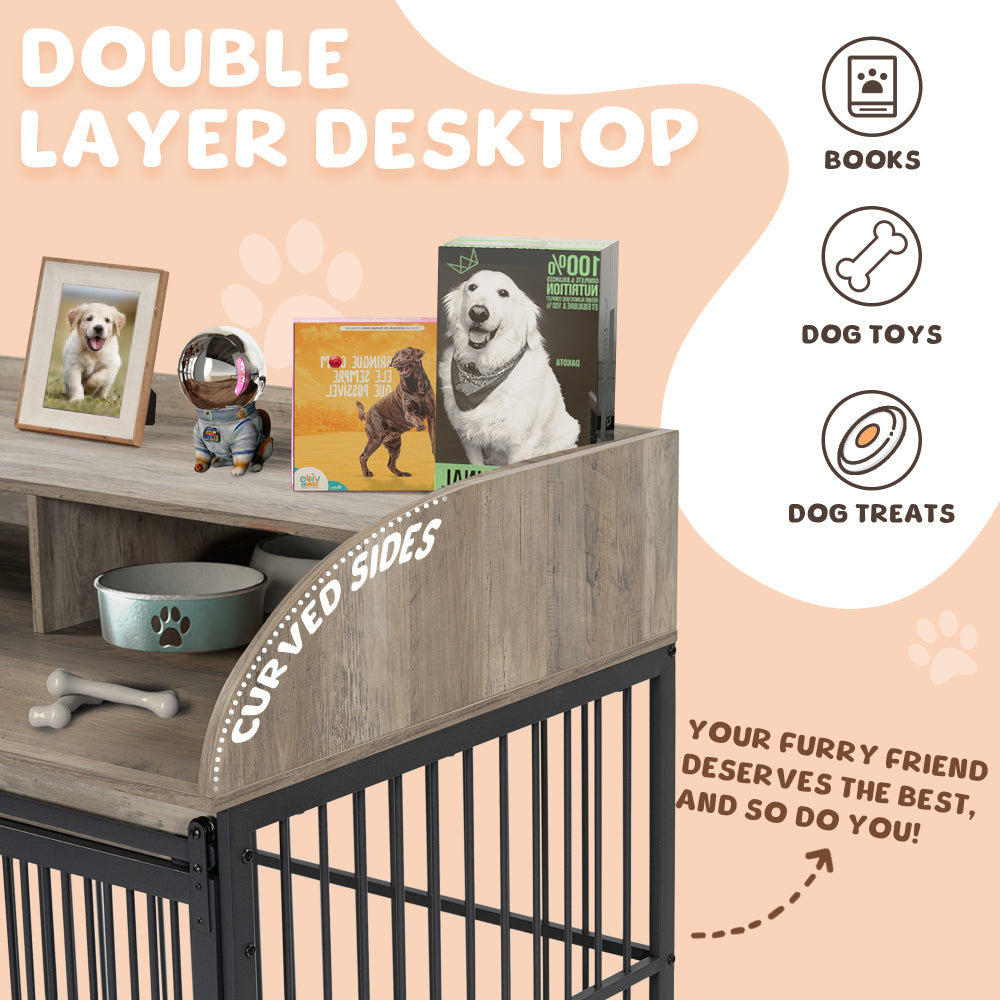 GO 44'' Heavy Duty Large Dog Crate Furniture for Large Medium Dog with Lockable Wheels, Wooden Dog Crate Dog Kennel, End Table Crate with Double layer storage, Brown