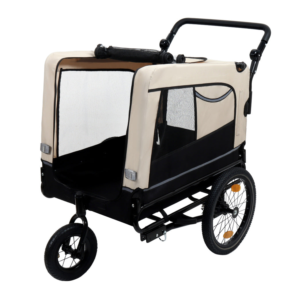 Extra Large 2-in-1 Bike Trailer & Push Cart for Pets - Detachable Bike Hitch & Push Handle Included , Quick ReleaseAll-Terrain Wheels , Non-Slip Floor, Internal Leash, Holds Up to 88 lbs, Black- Beige